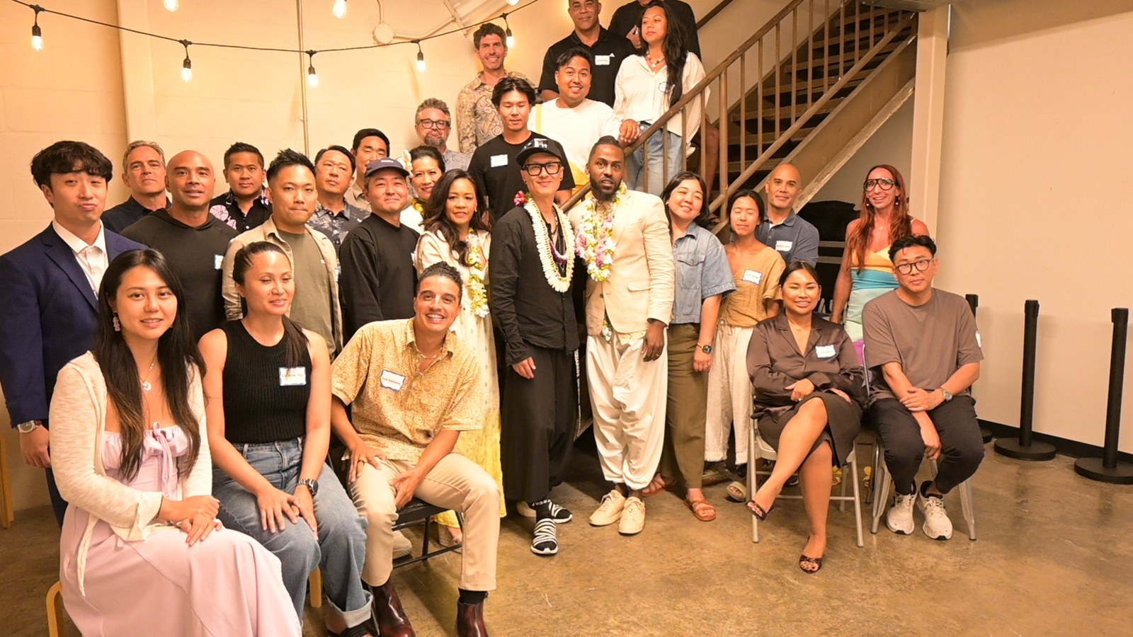 A closer group portrait from the foot of the stairs
