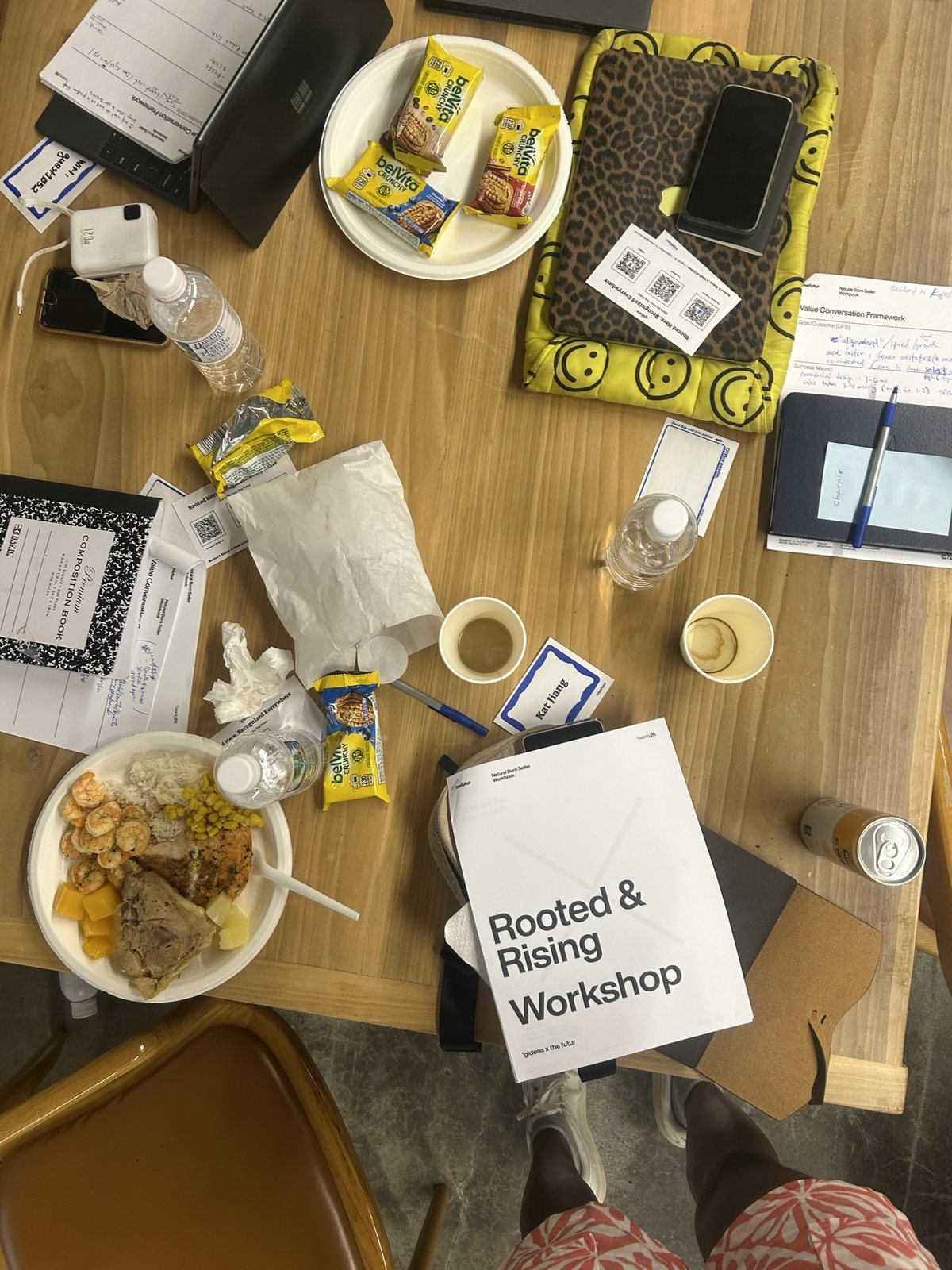 A table of snacks, worksheets and the workbook, from above