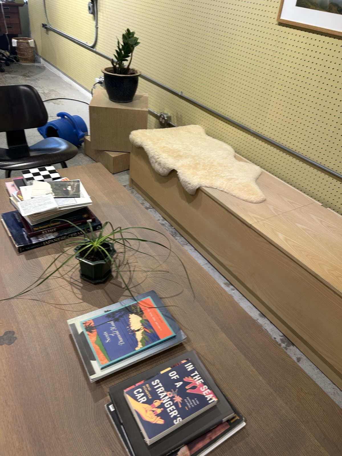 A coffee table with books and a plant