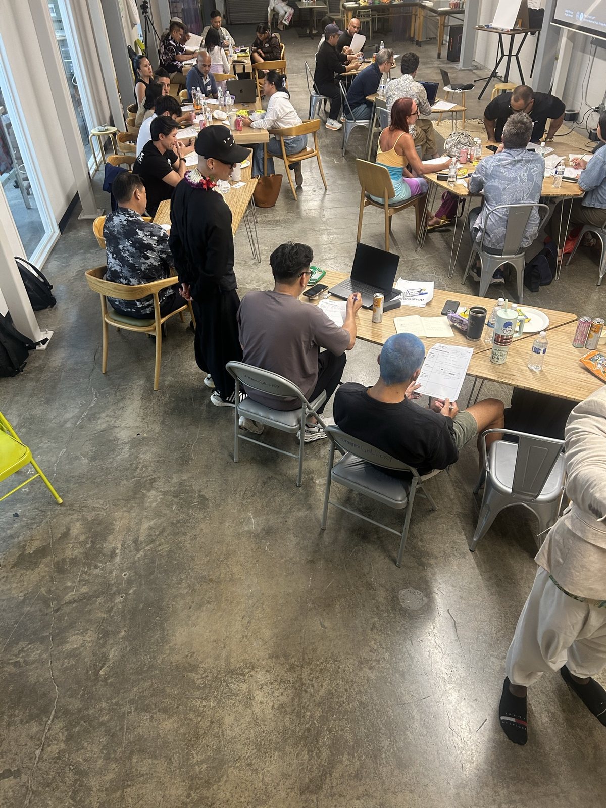 The workshop floor from above, tables in use