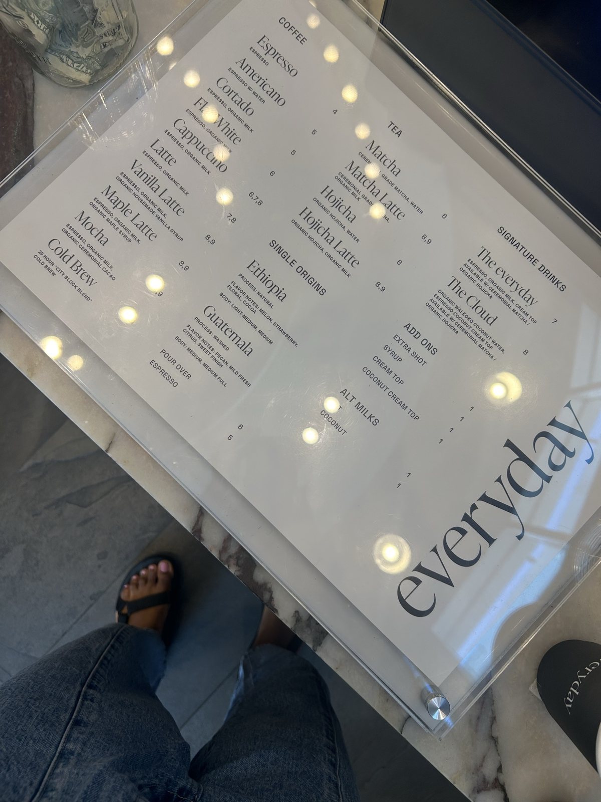 The Everyday menu on an acrylic board