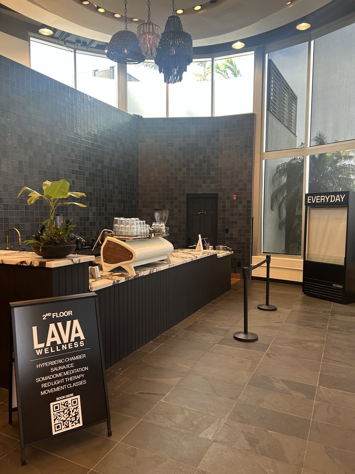 The coffee bar and a Lava Wellness sign