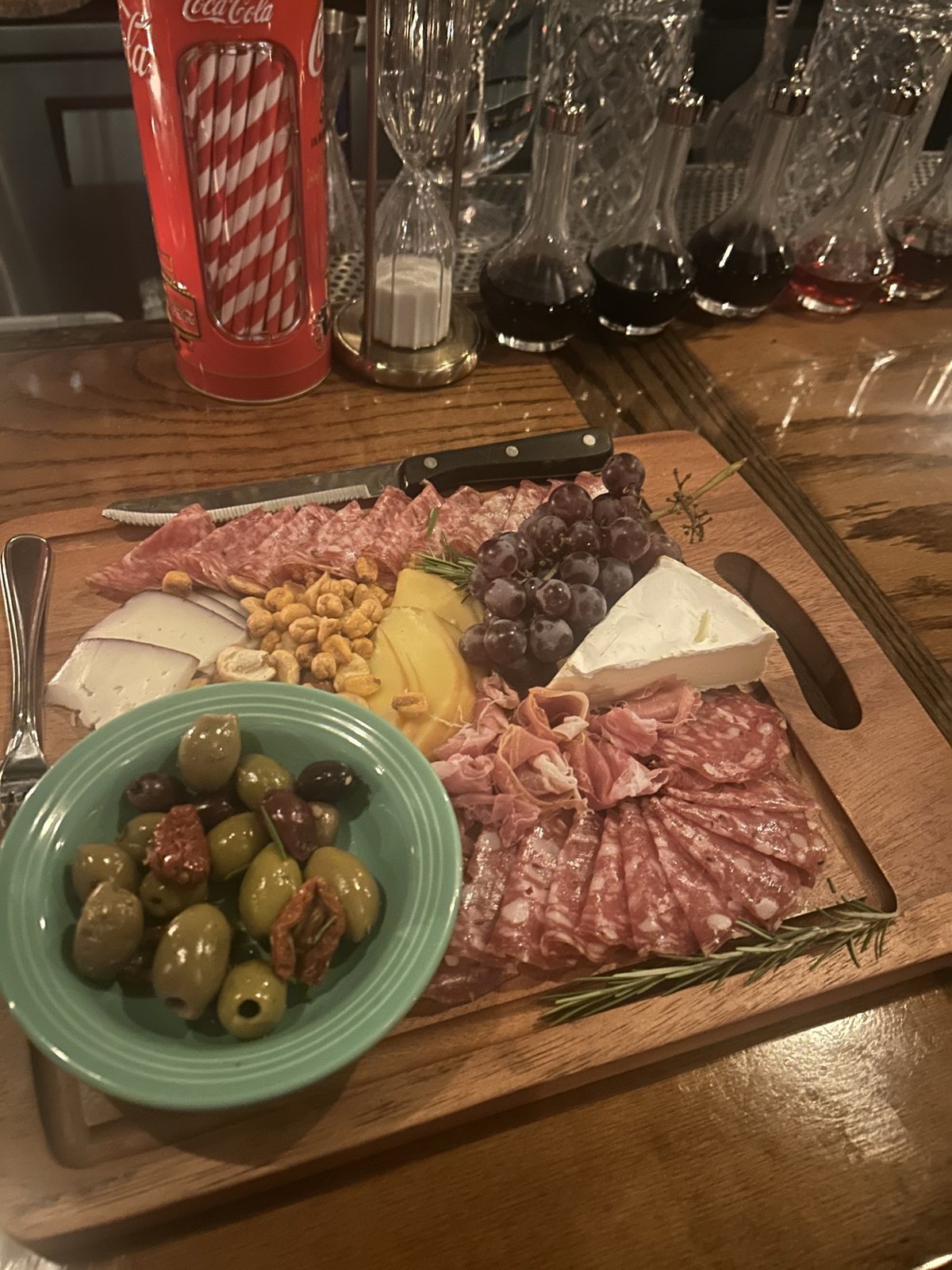 A charcuterie board on the bar
