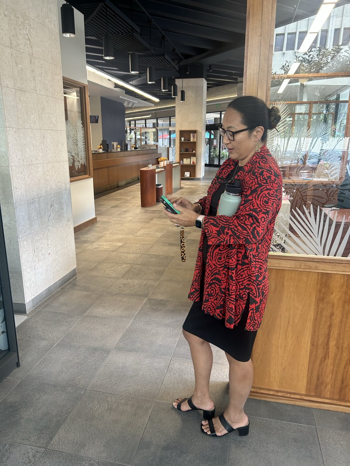 The bank host in the lobby