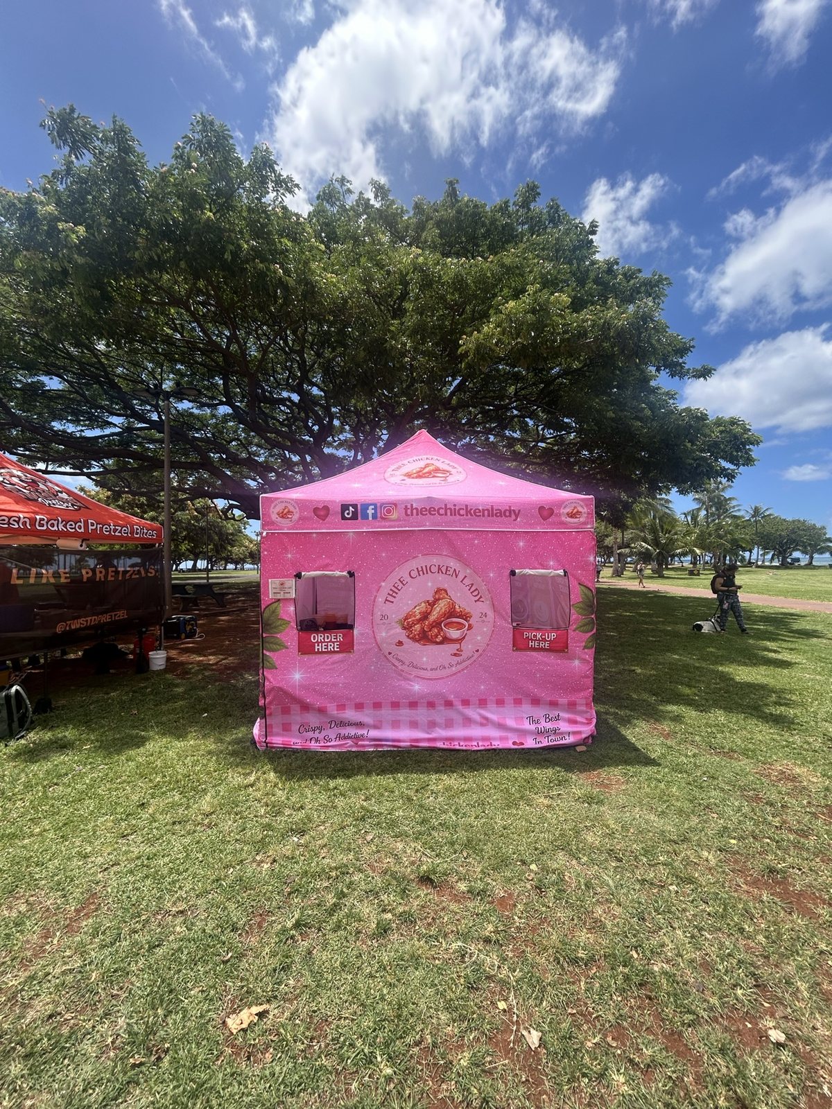 The pink Thee Chicken Lady tent