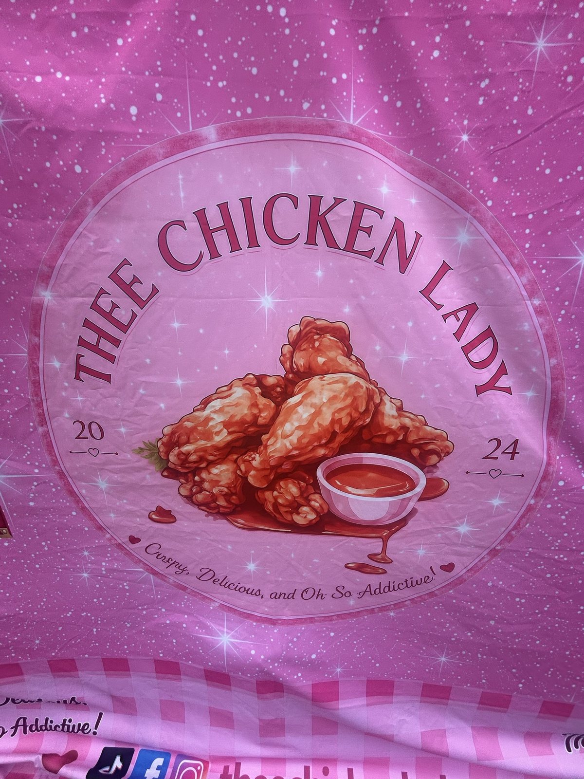 The Thee Chicken Lady tent print up close